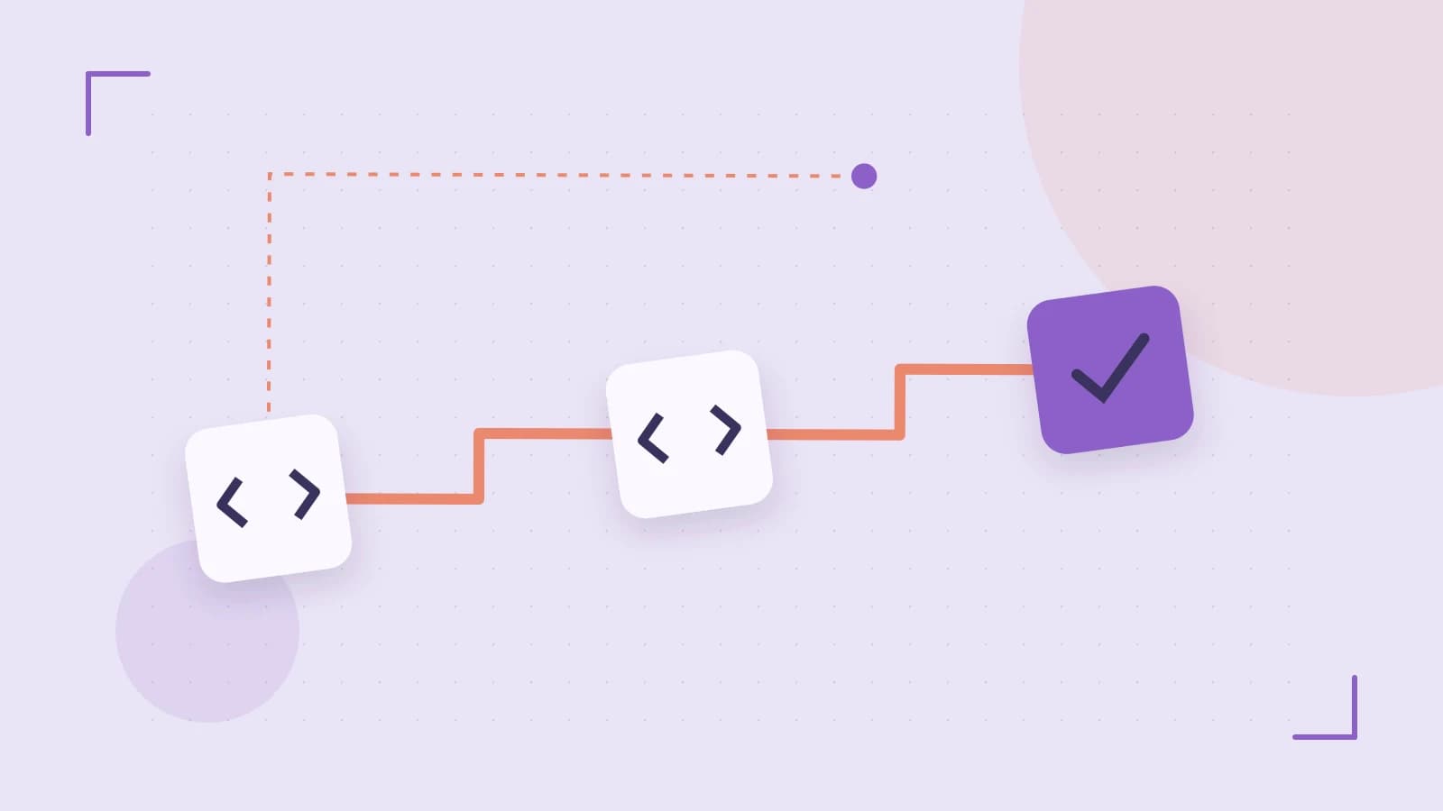Editorial illustration of a branching build pipeline, staged transformations and a completed check