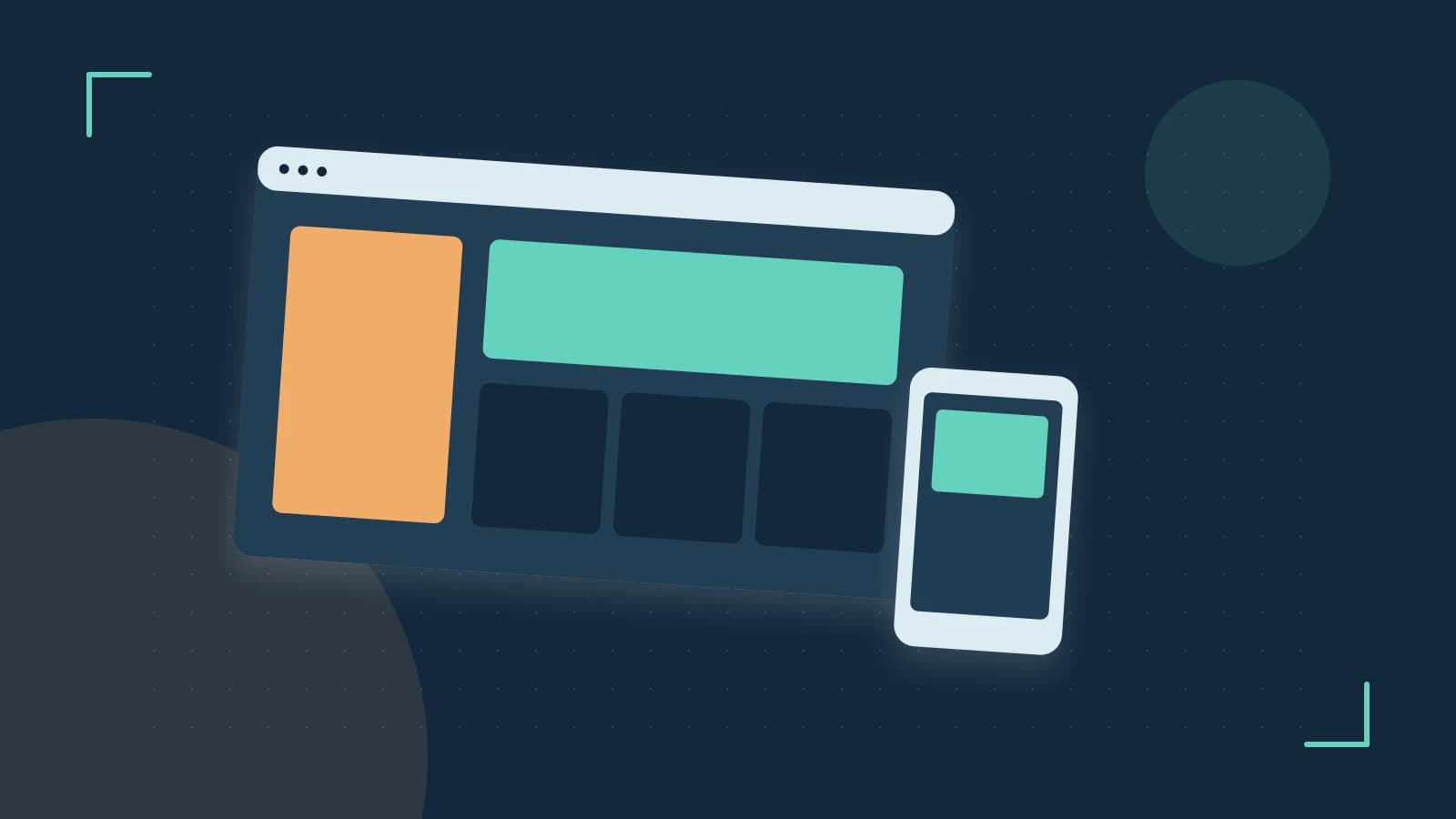 Editorial illustration of responsive browser layouts, overlapping design components and a color system