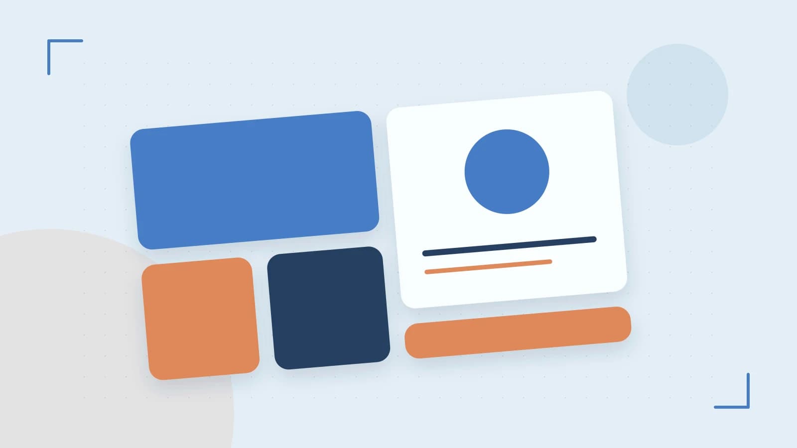 Editorial illustration of responsive browser layouts, overlapping design components and a color system