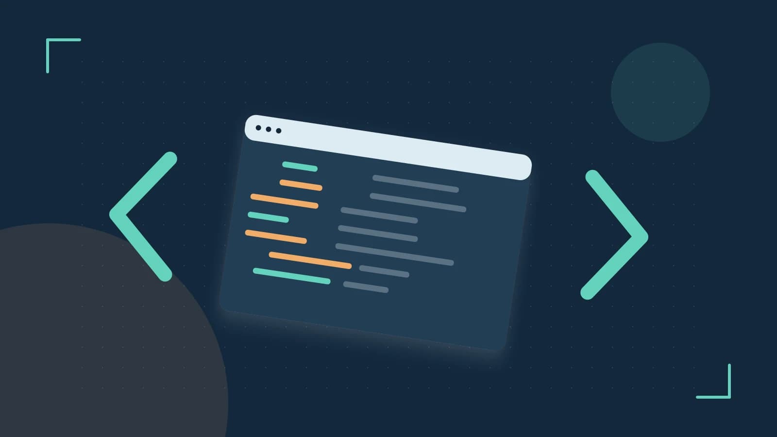 Editorial illustration of an abstract code editor, syntax blocks and oversized programming brackets