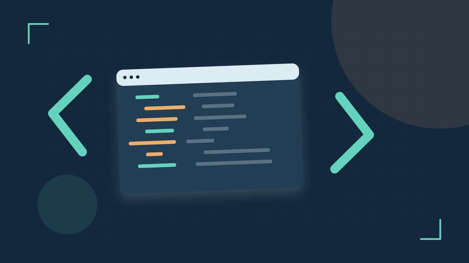 Editorial illustration of an abstract code editor, syntax blocks and oversized programming brackets