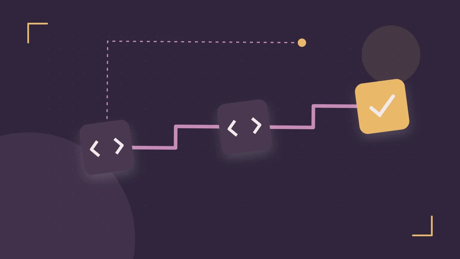 Editorial illustration of a branching build pipeline, staged transformations and a completed check