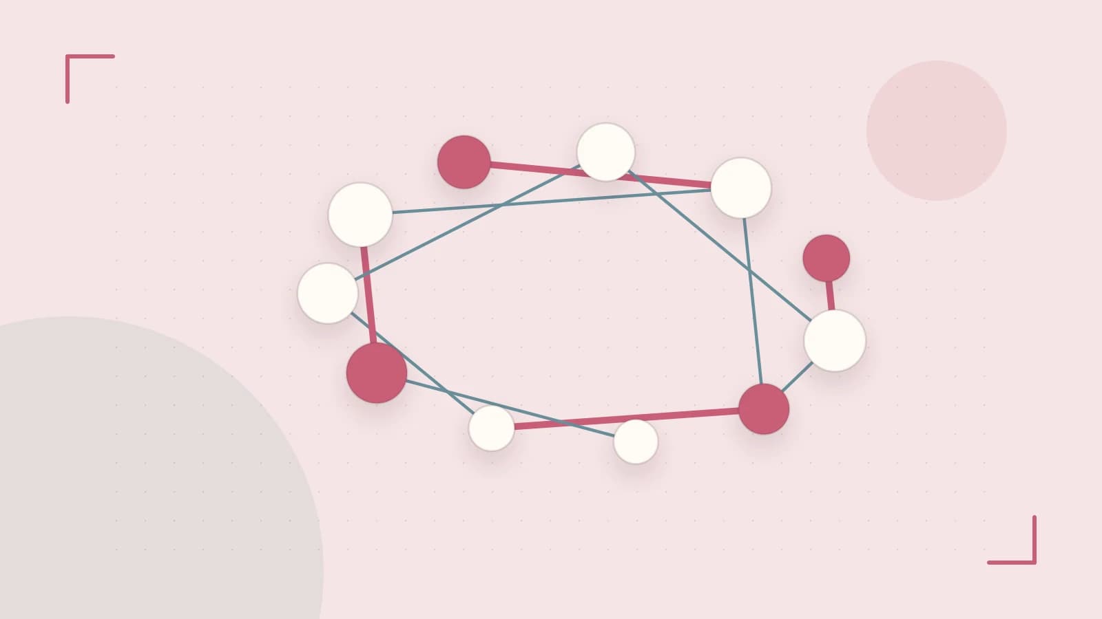 Editorial illustration of an algorithmic node graph with branching paths and a highlighted result