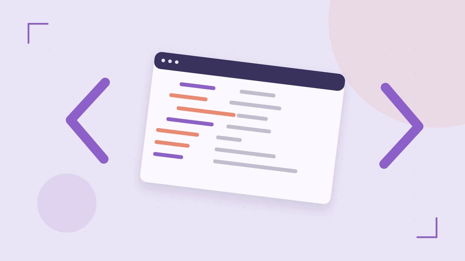 Editorial illustration of an abstract code editor, syntax blocks and oversized programming brackets