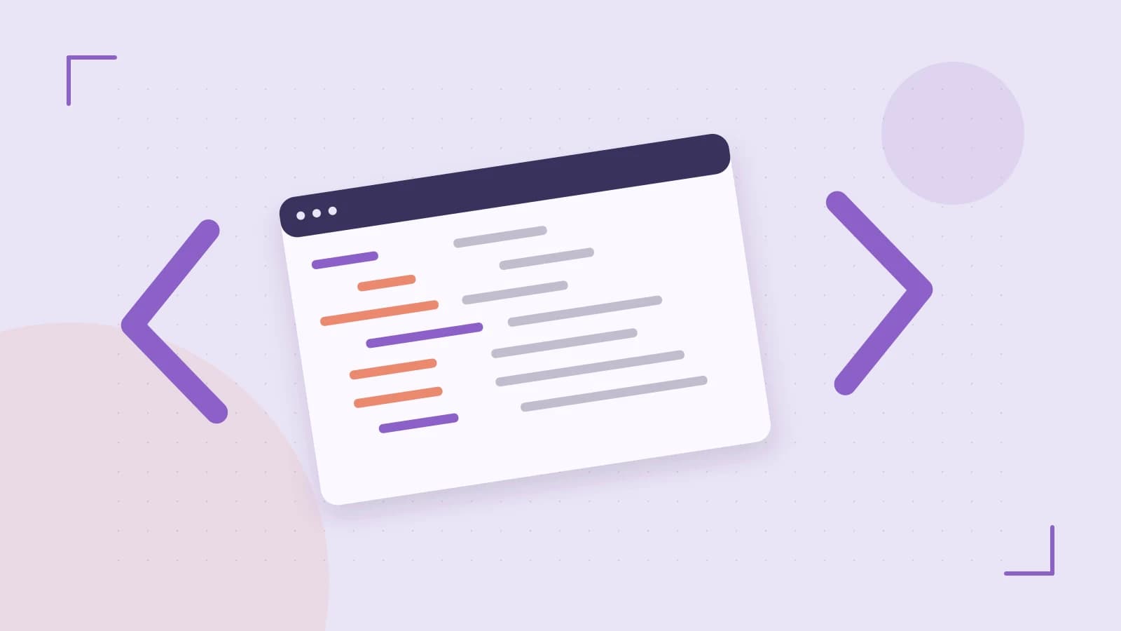 Editorial illustration of an abstract code editor, syntax blocks and oversized programming brackets