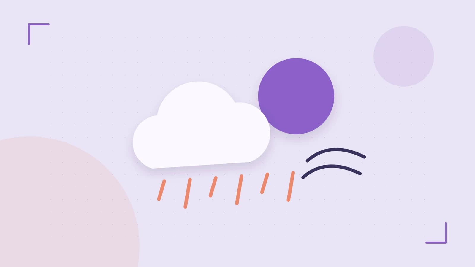 Editorial illustration of a sun, layered clouds, raindrops and flowing weather patterns