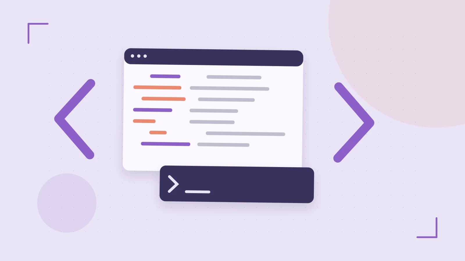 Editorial illustration of an abstract code editor, syntax blocks and oversized programming brackets