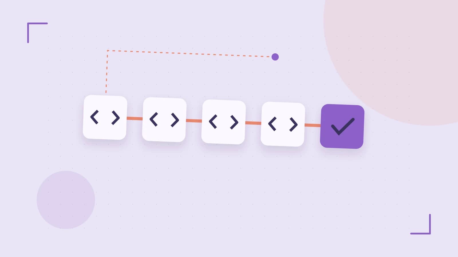 Editorial illustration of a branching build pipeline, staged transformations and a completed check
