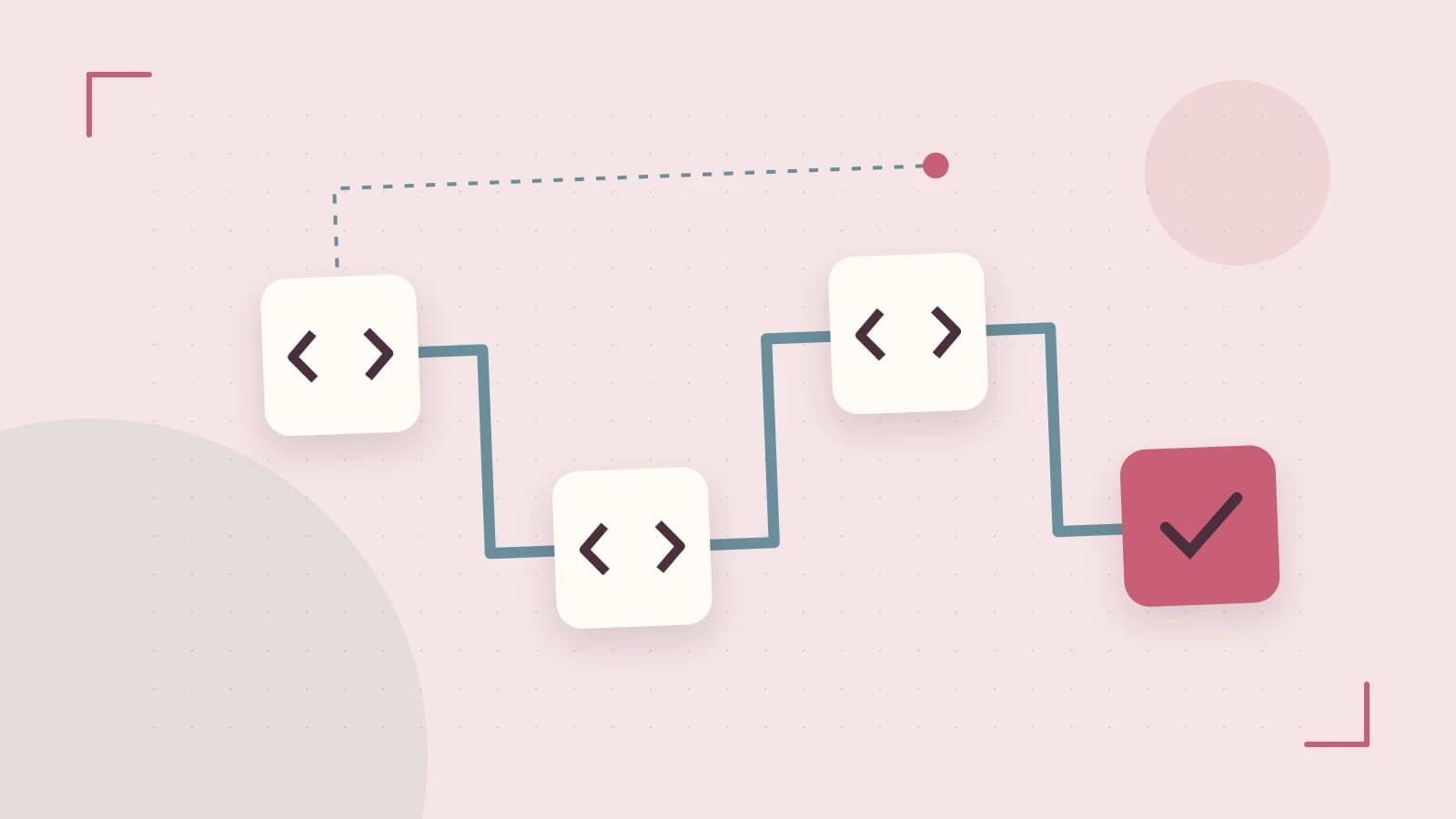 Editorial illustration of a branching build pipeline, staged transformations and a completed check