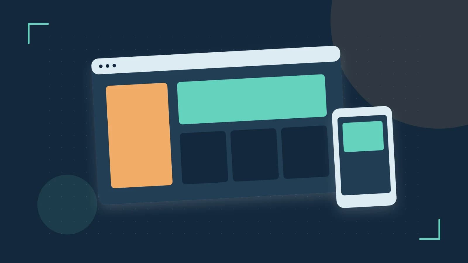 Editorial illustration of responsive browser layouts, overlapping design components and a color system