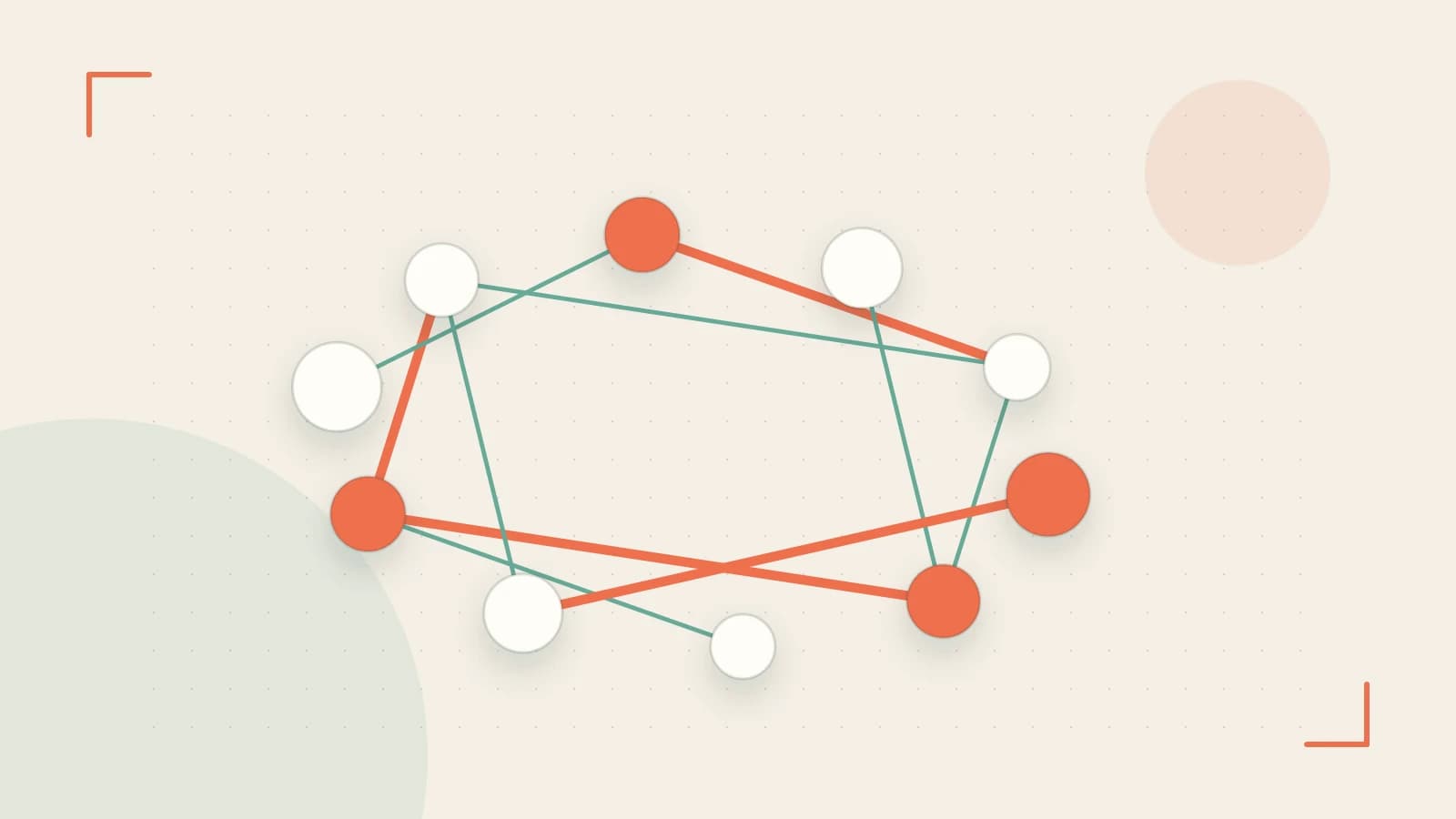 Editorial illustration of an algorithmic node graph with branching paths and a highlighted result