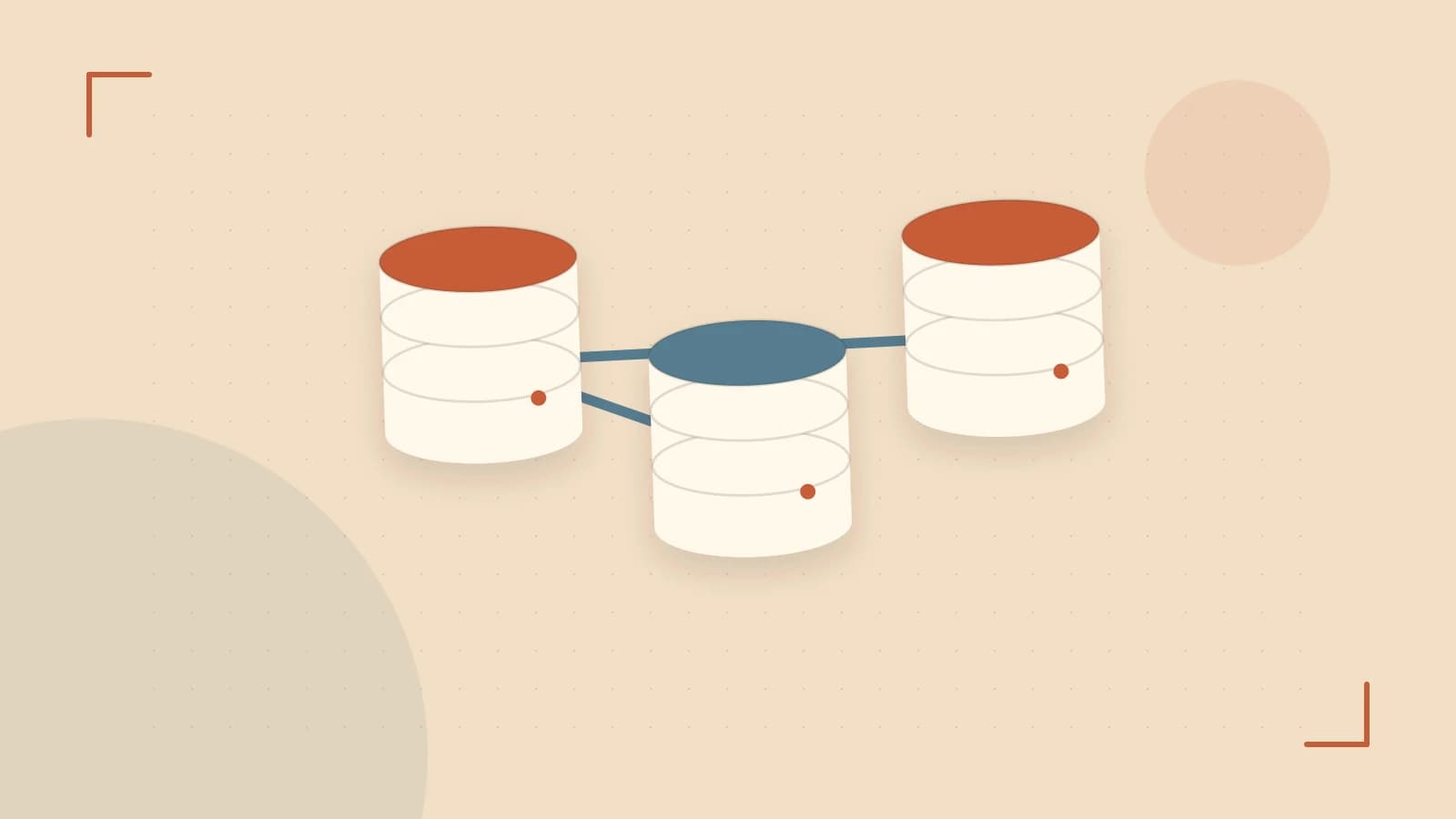 Editorial illustration of structured records, database cylinders and relationships between tables