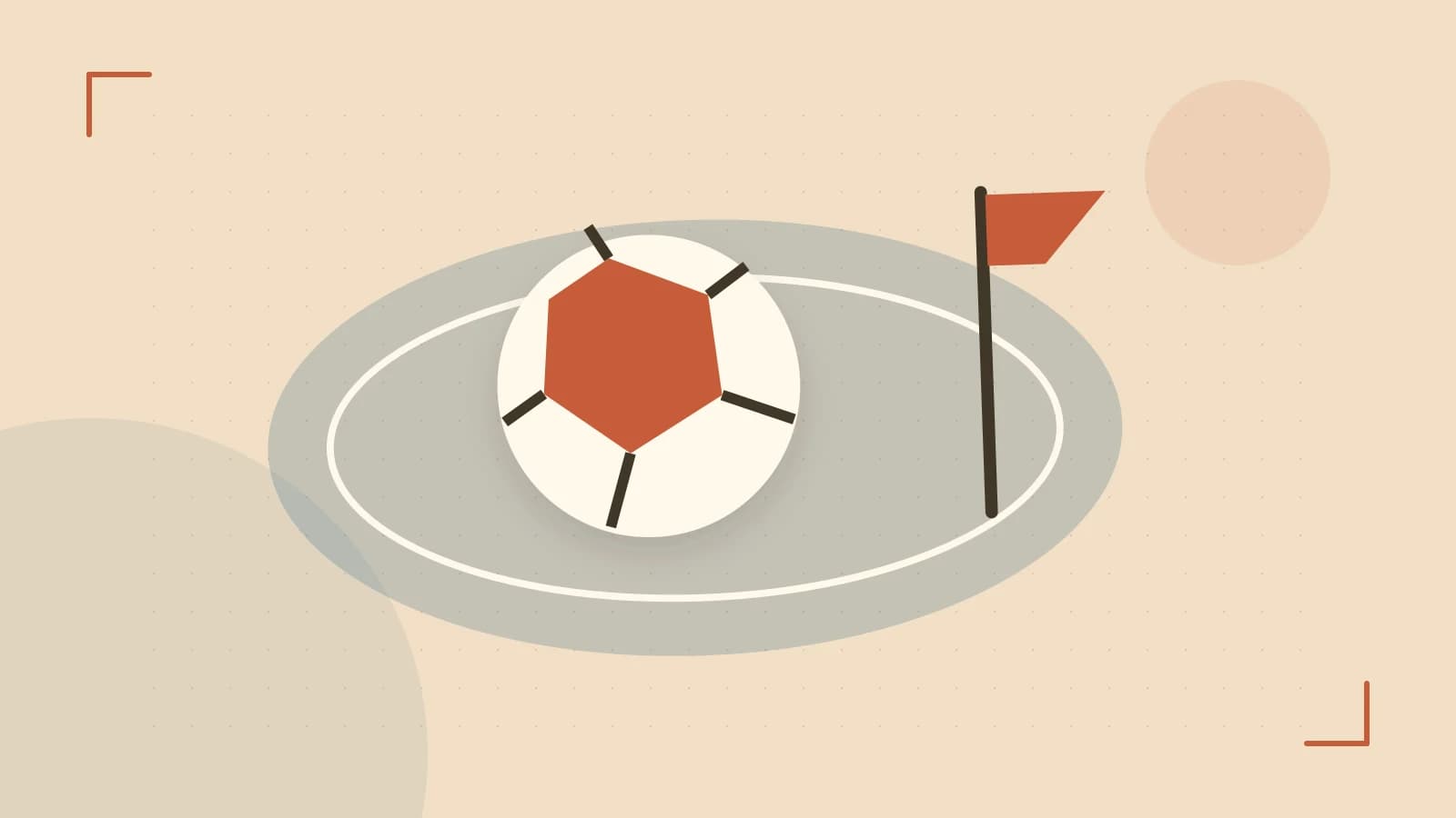 Editorial illustration of a stylized sports ball, stadium geometry and dynamic arcs