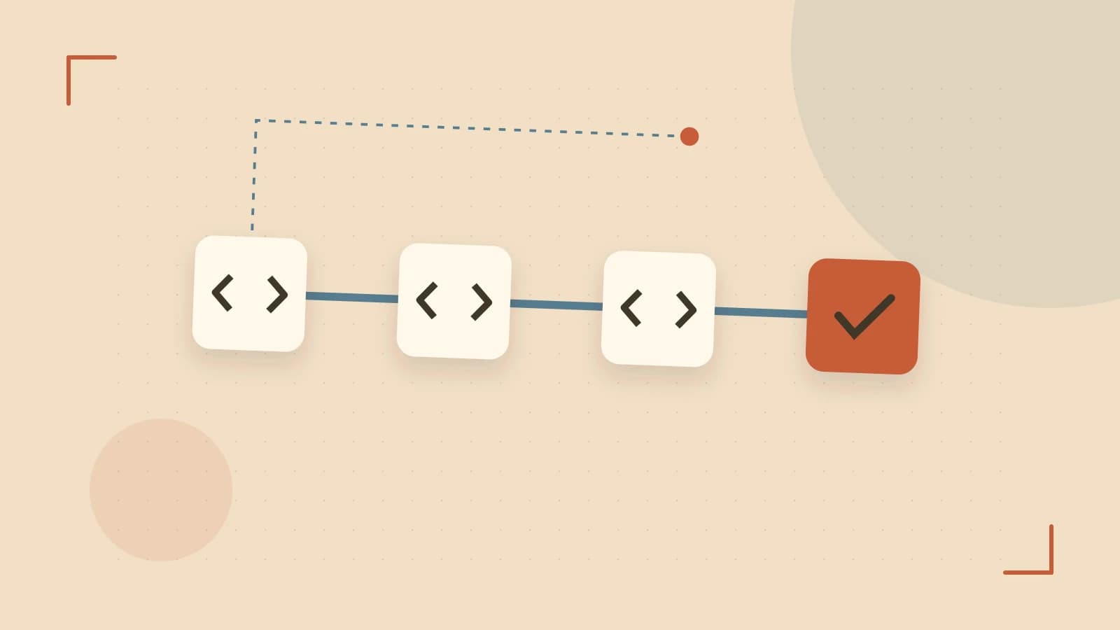 Editorial illustration of a branching build pipeline, staged transformations and a completed check