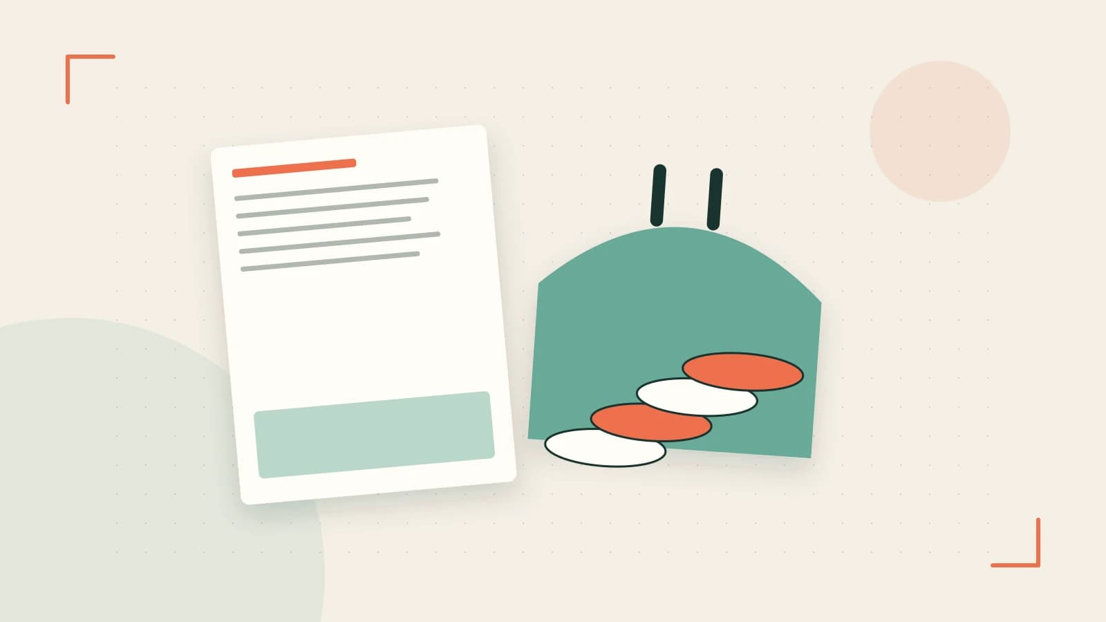Editorial illustration of abstract coins, a payment card and a geometric financial chart without data labels