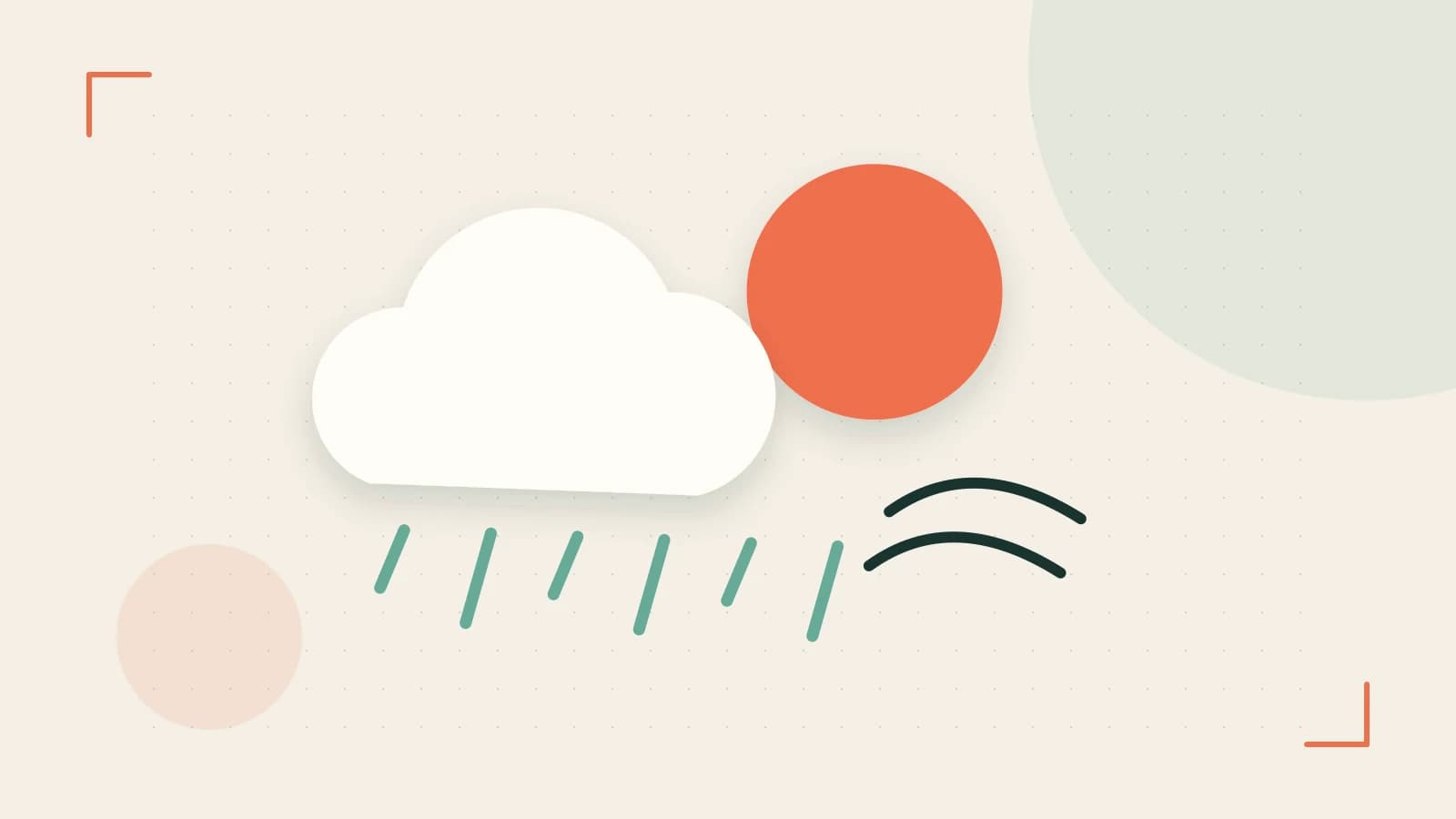 Editorial illustration of a sun, layered clouds, raindrops and flowing weather patterns