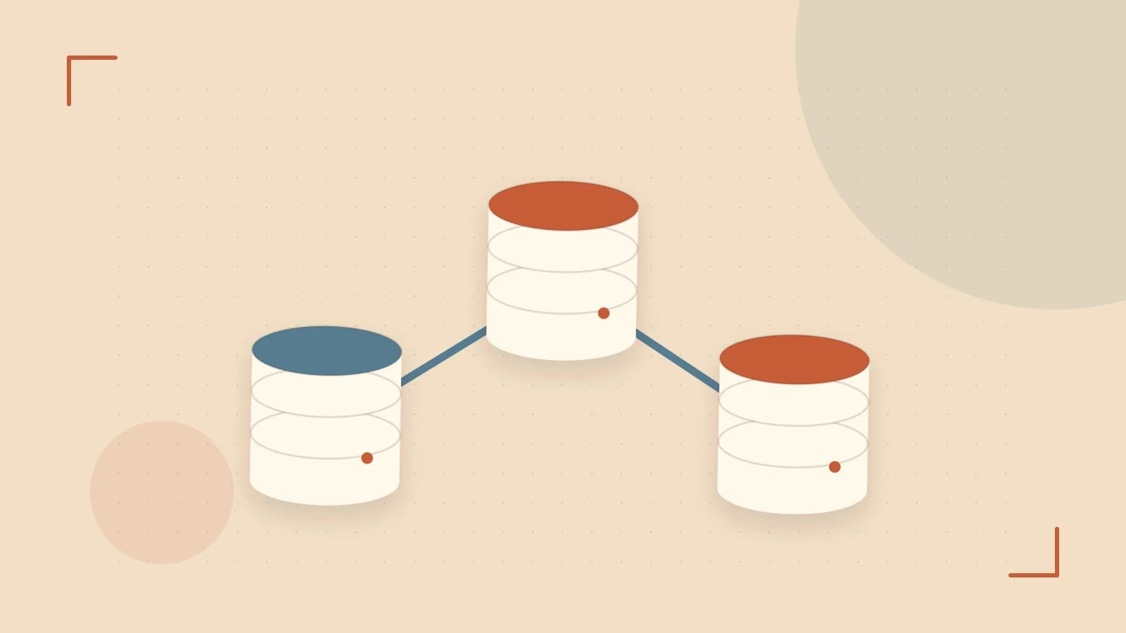 Editorial illustration of structured records, database cylinders and relationships between tables