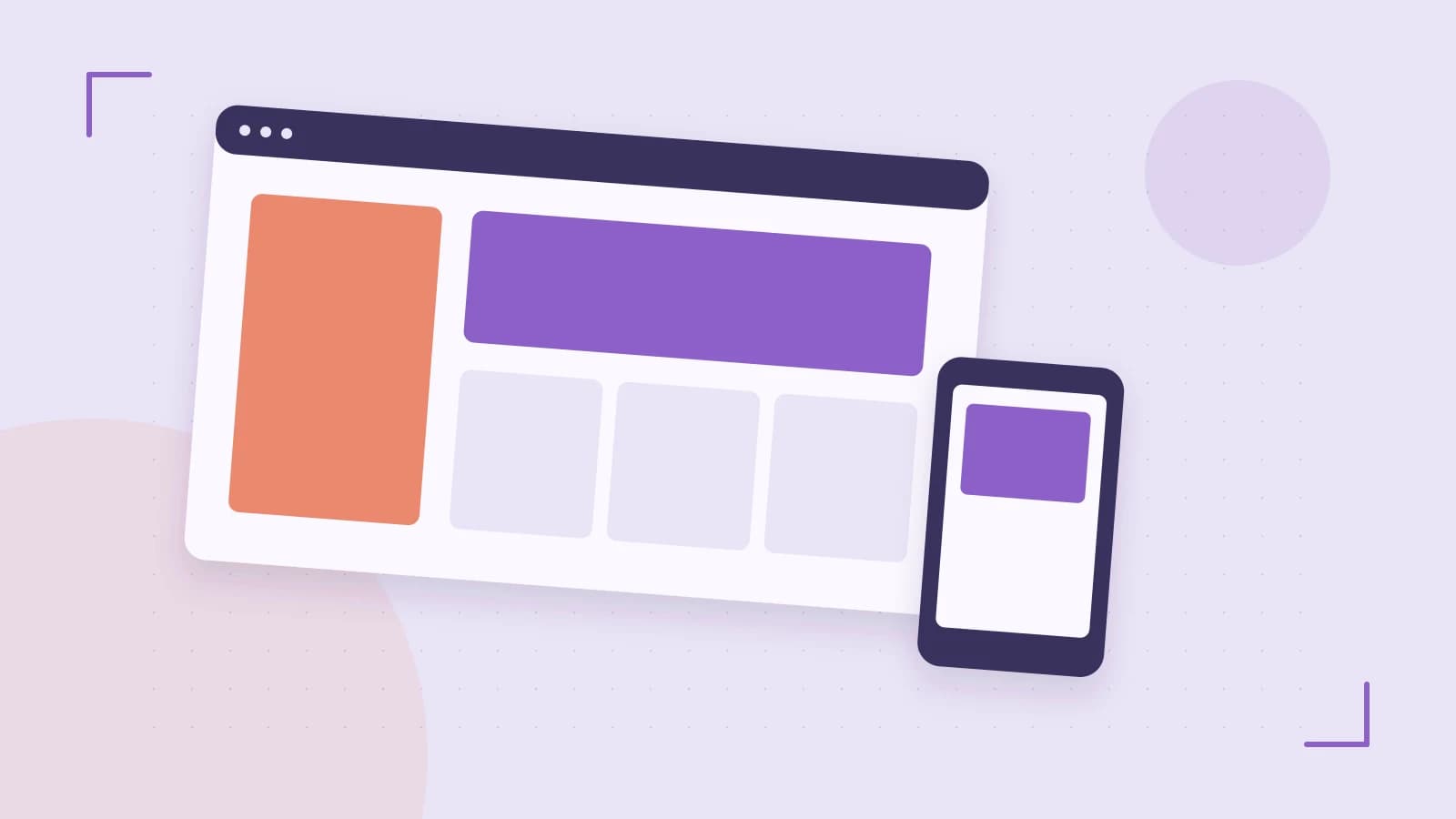 Editorial illustration of responsive browser layouts, overlapping design components and a color system