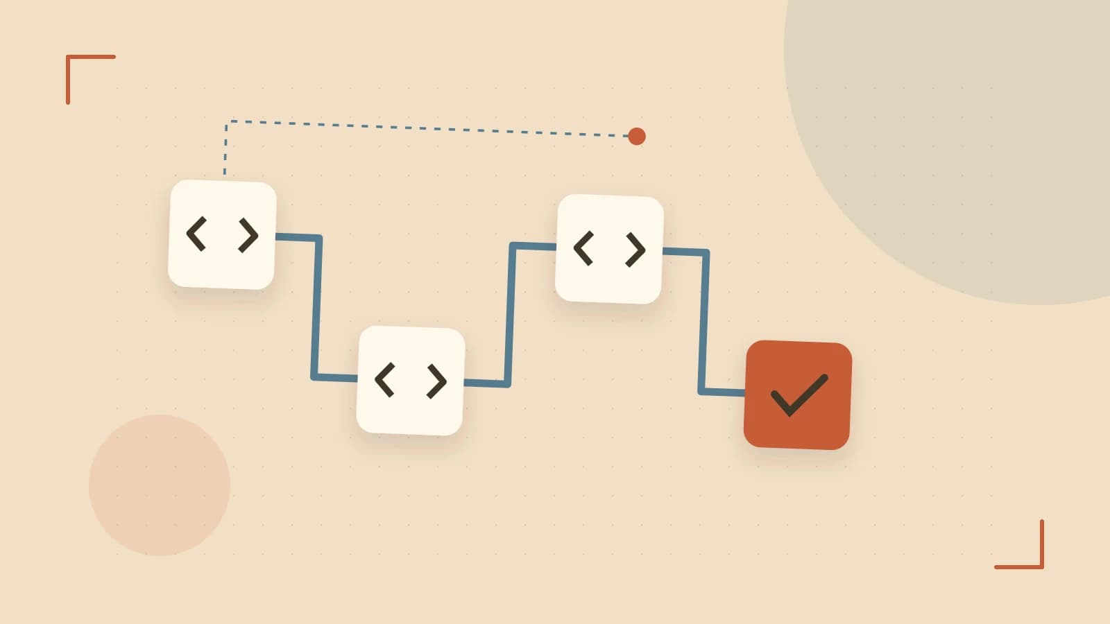Editorial illustration of a branching build pipeline, staged transformations and a completed check