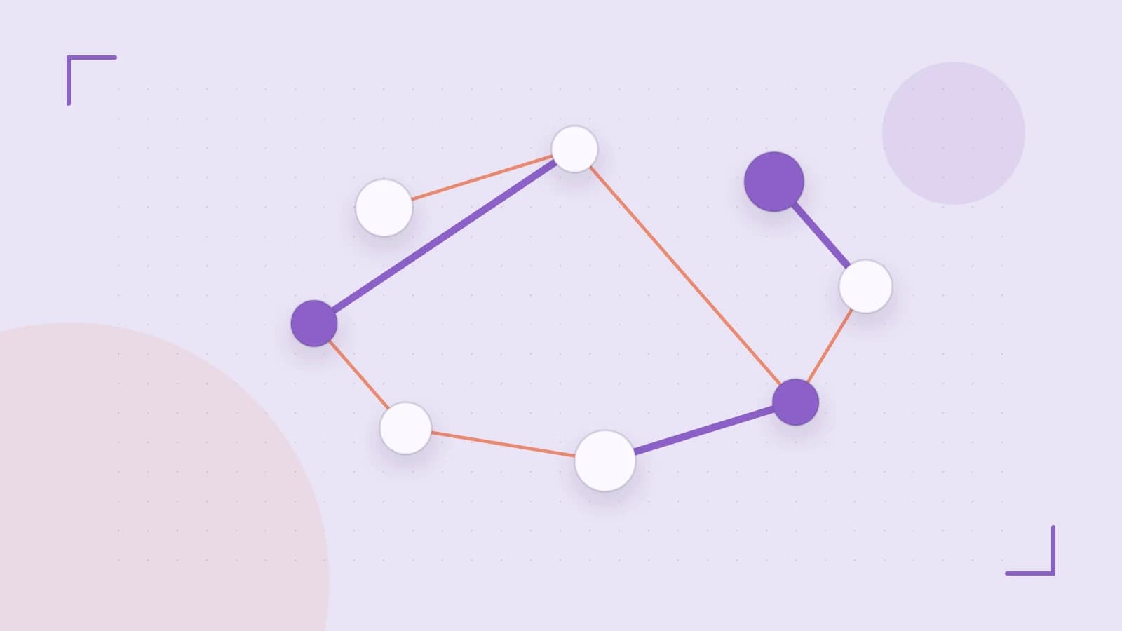 Editorial illustration of an algorithmic node graph with branching paths and a highlighted result