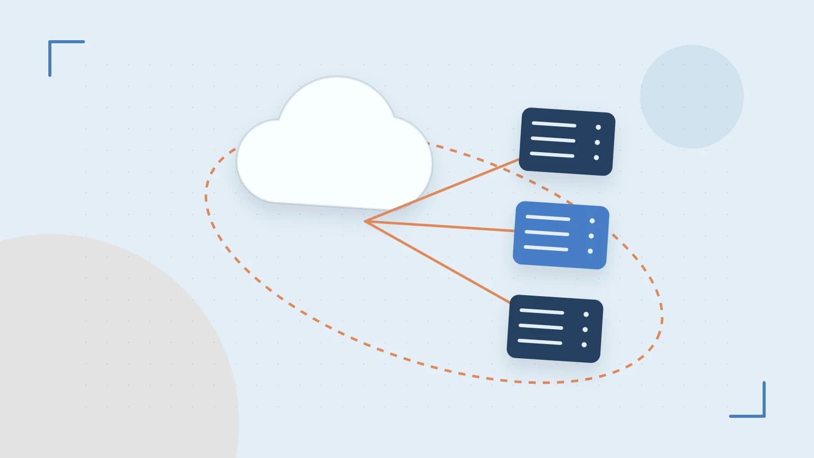 Editorial illustration of cloud infrastructure, connected server racks and an orbital service map