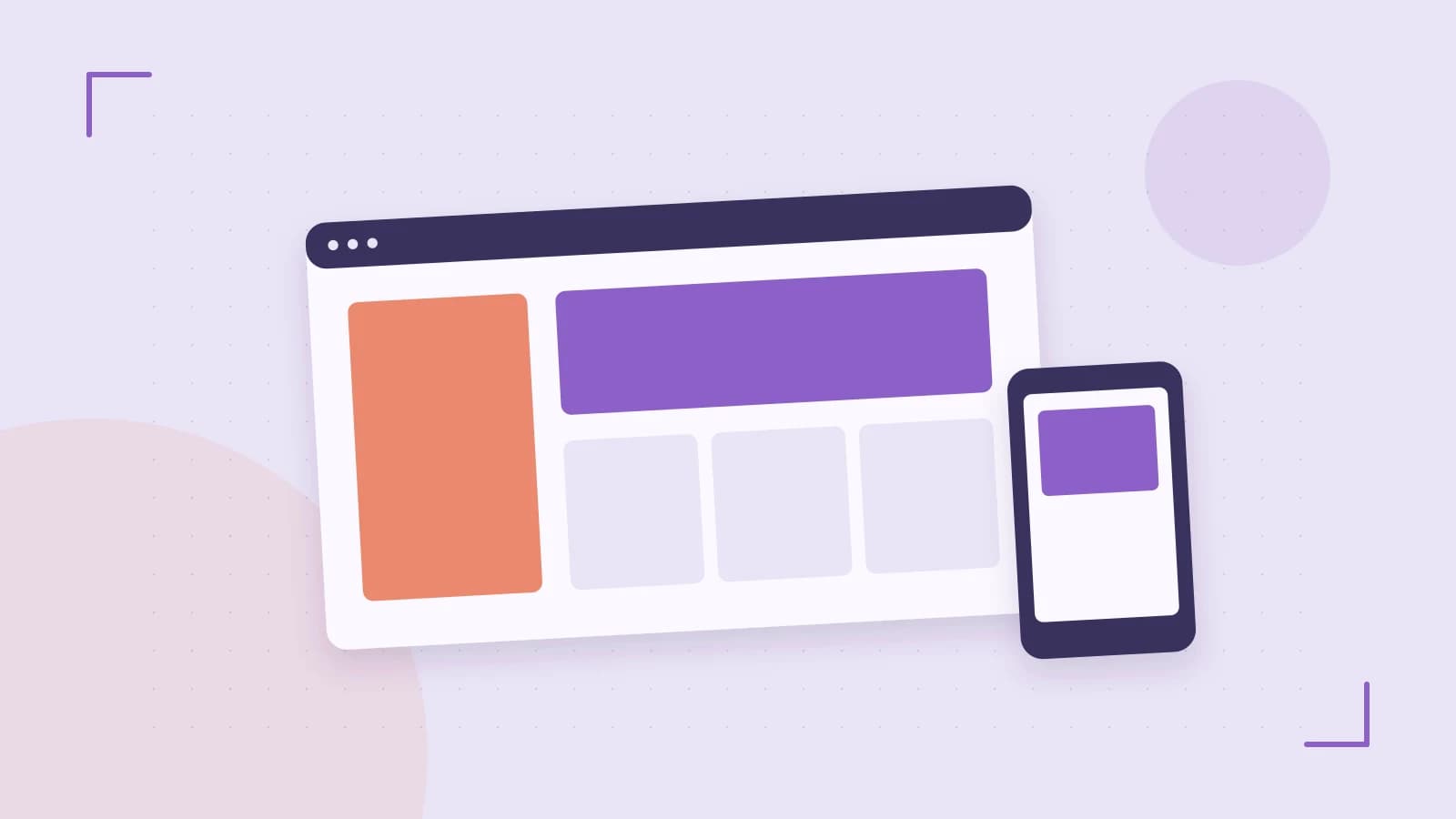 Editorial illustration of responsive browser layouts, overlapping design components and a color system