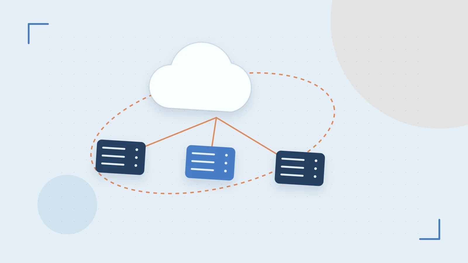 Editorial illustration of cloud infrastructure, connected server racks and an orbital service map