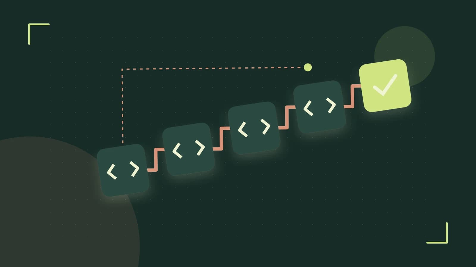 Editorial illustration of a branching build pipeline, staged transformations and a completed check