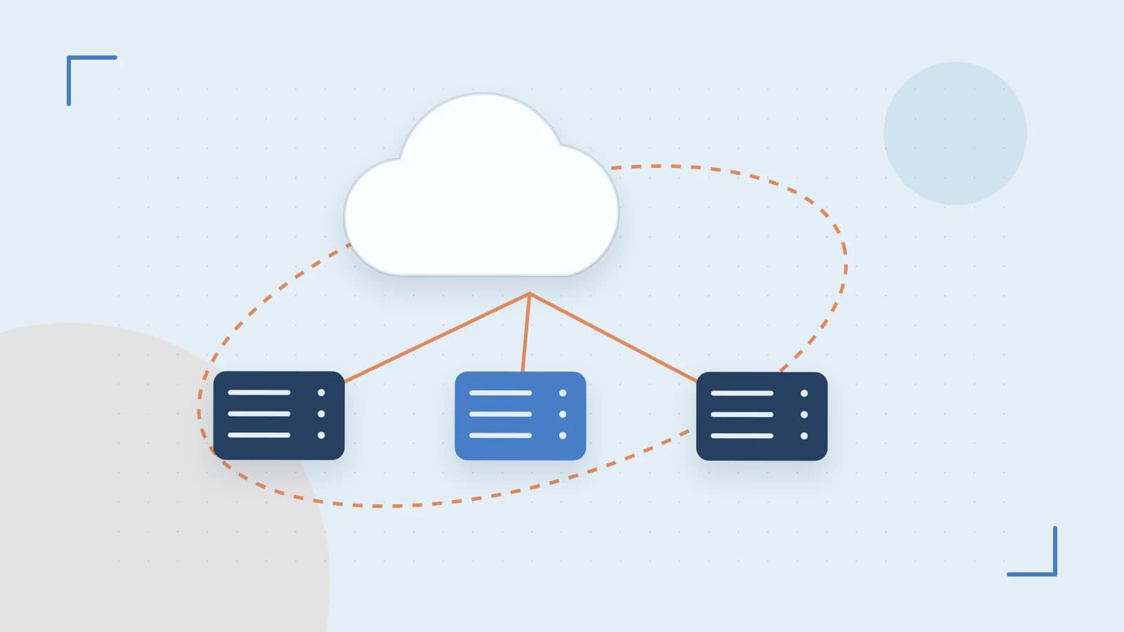 Editorial illustration of cloud infrastructure, connected server racks and an orbital service map
