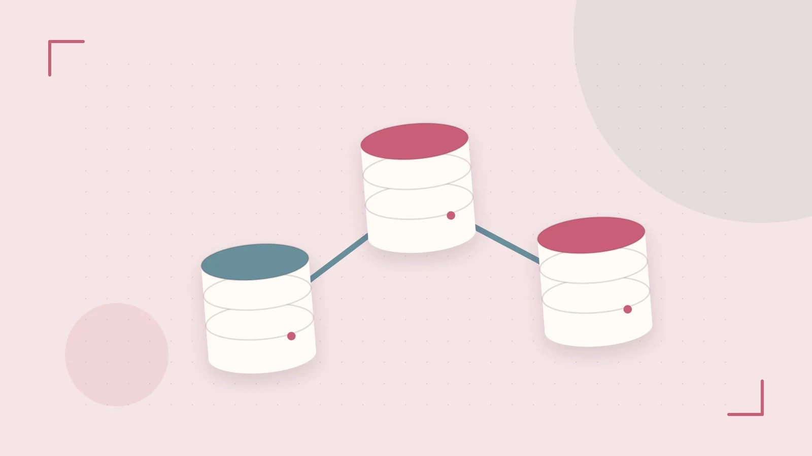 Editorial illustration of structured records, database cylinders and relationships between tables