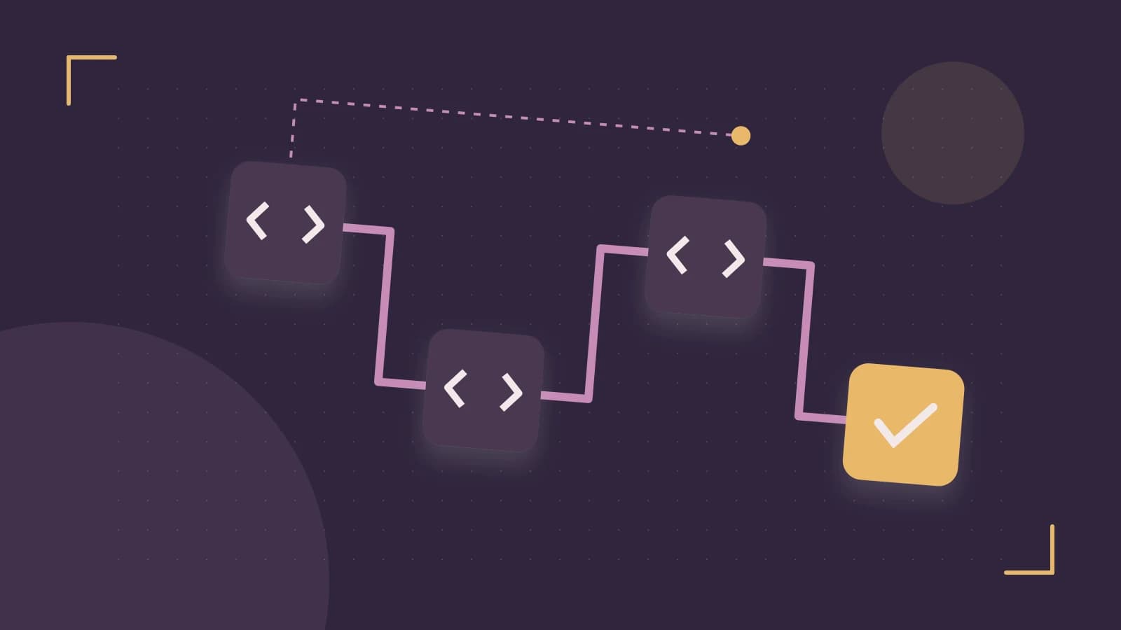 Editorial illustration of a branching build pipeline, staged transformations and a completed check