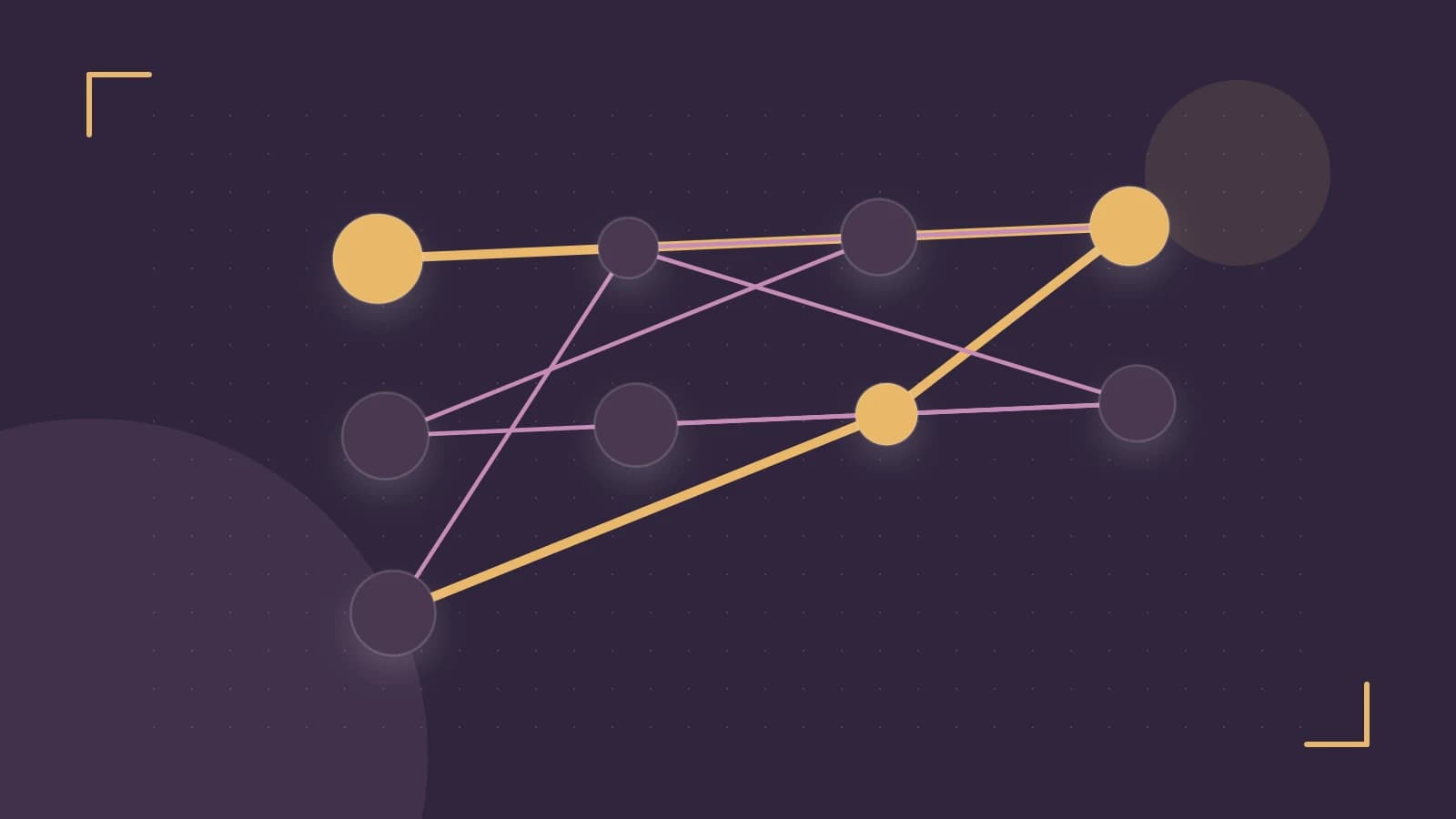 Editorial illustration of an algorithmic node graph with branching paths and a highlighted result