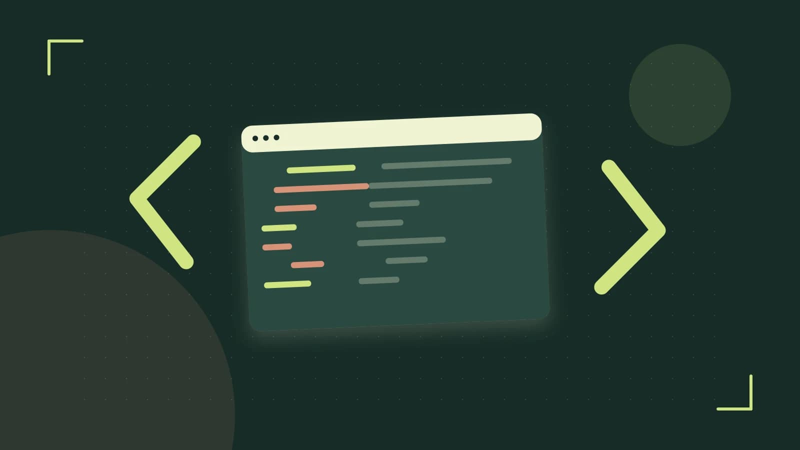 Editorial illustration of an abstract code editor, syntax blocks and oversized programming brackets