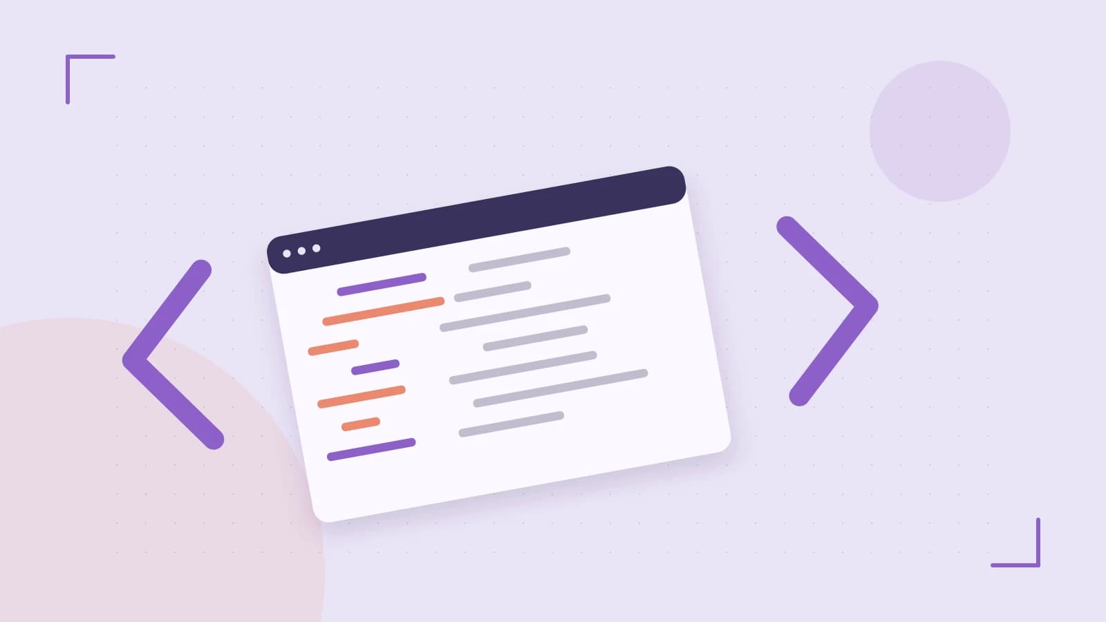 Editorial illustration of an abstract code editor, syntax blocks and oversized programming brackets