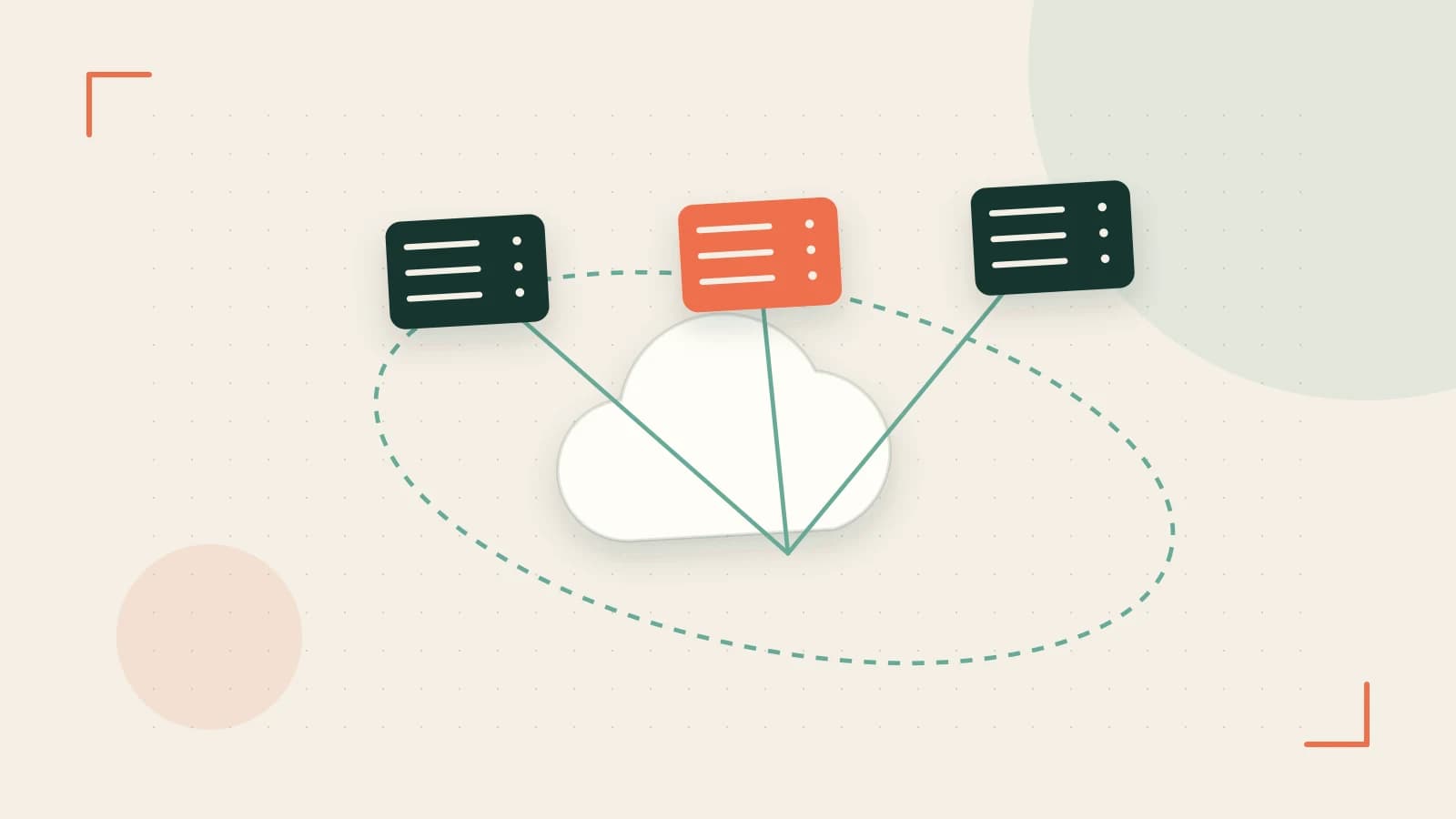 Editorial illustration of cloud infrastructure, connected server racks and an orbital service map