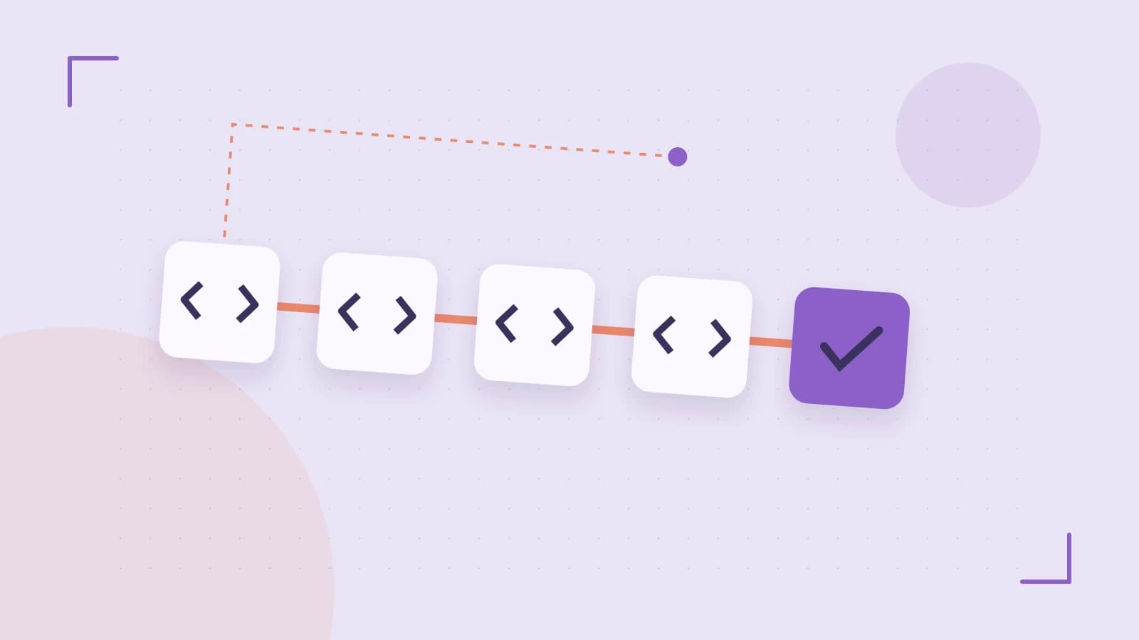 Editorial illustration of a branching build pipeline, staged transformations and a completed check