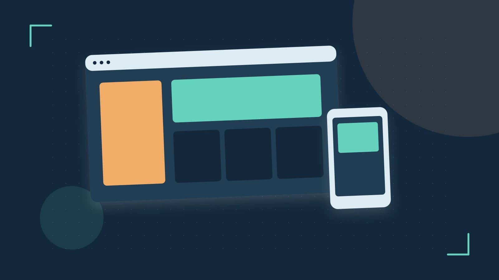 Editorial illustration of responsive browser layouts, overlapping design components and a color system