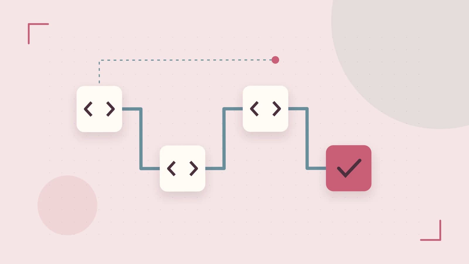 Editorial illustration of a branching build pipeline, staged transformations and a completed check