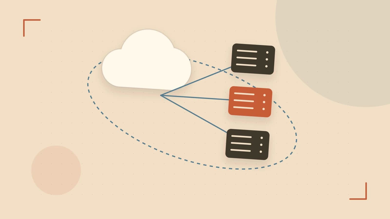 Editorial illustration of cloud infrastructure, connected server racks and an orbital service map