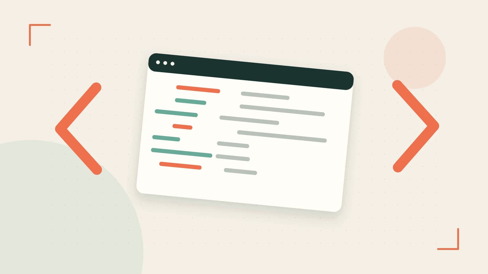 Editorial illustration of an abstract code editor, syntax blocks and oversized programming brackets