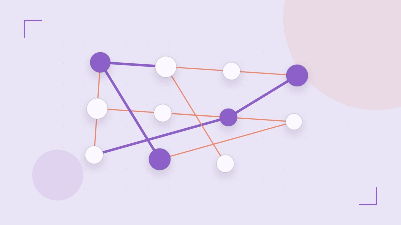 Editorial illustration of an algorithmic node graph with branching paths and a highlighted result