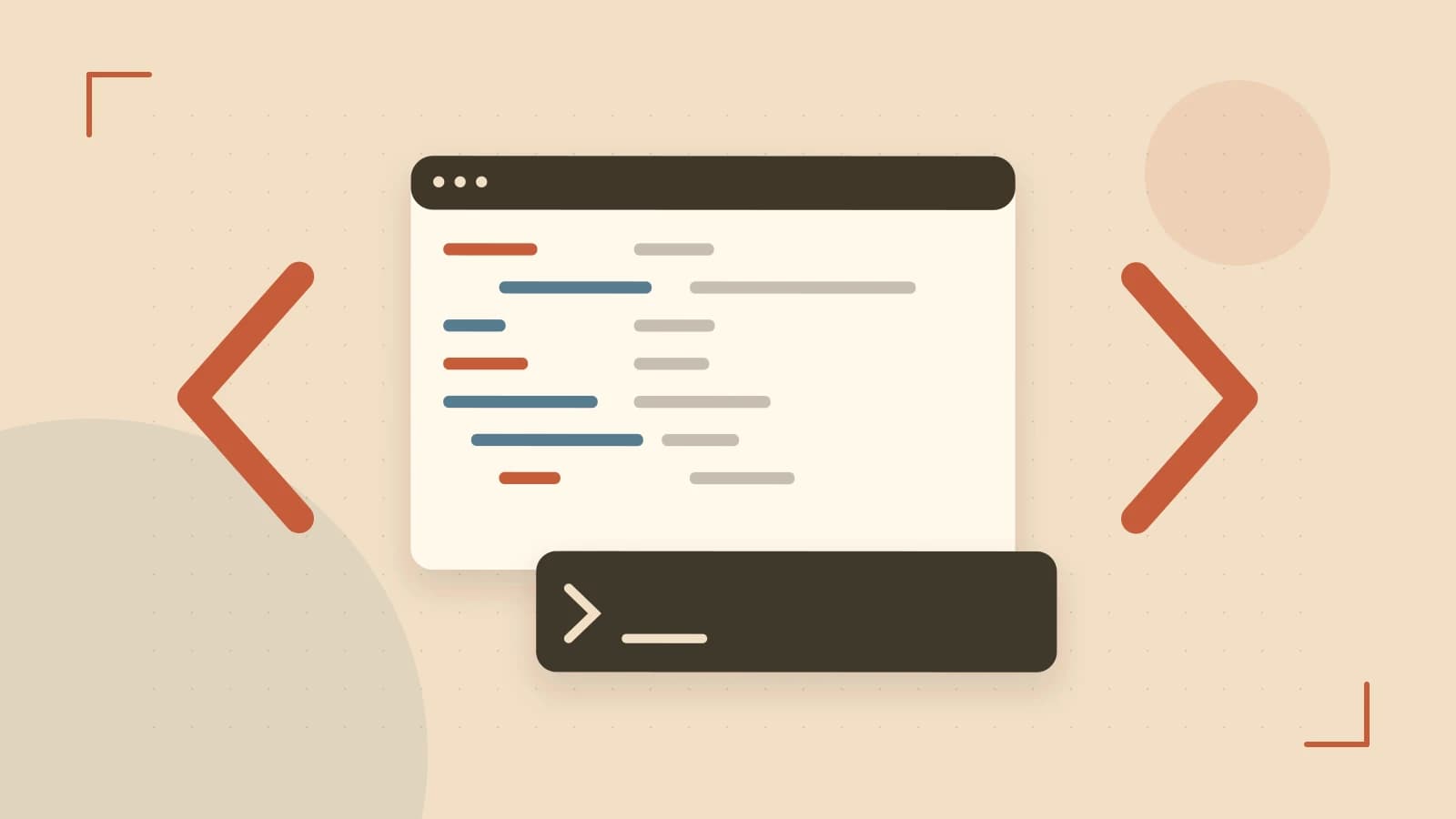 Editorial illustration of an abstract code editor, syntax blocks and oversized programming brackets