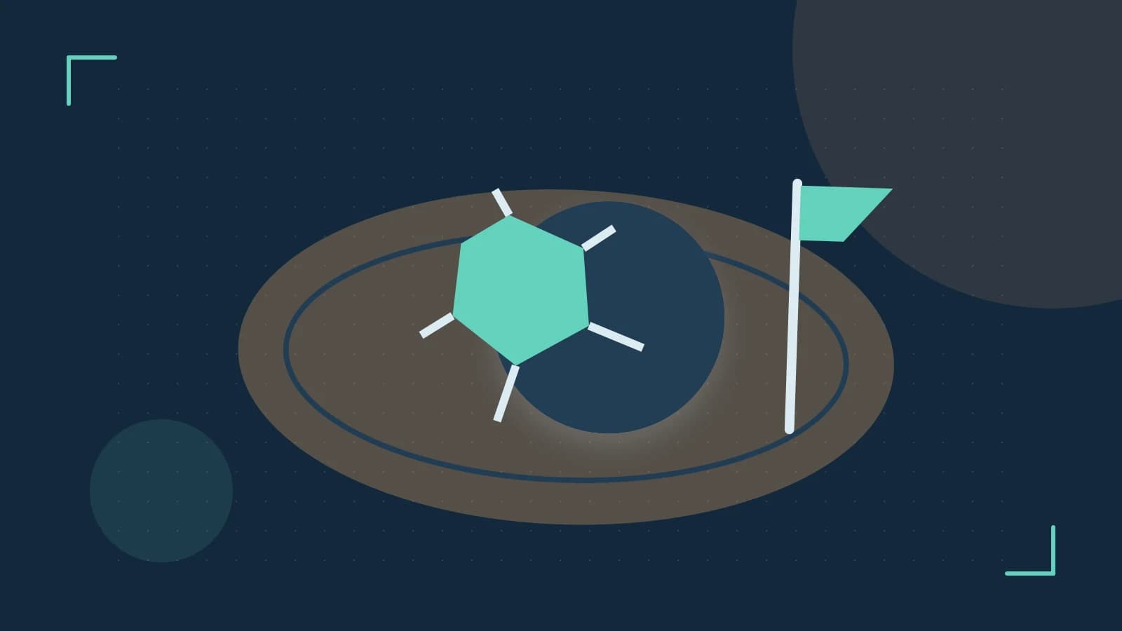 Editorial illustration of a stylized sports ball, stadium geometry and dynamic arcs