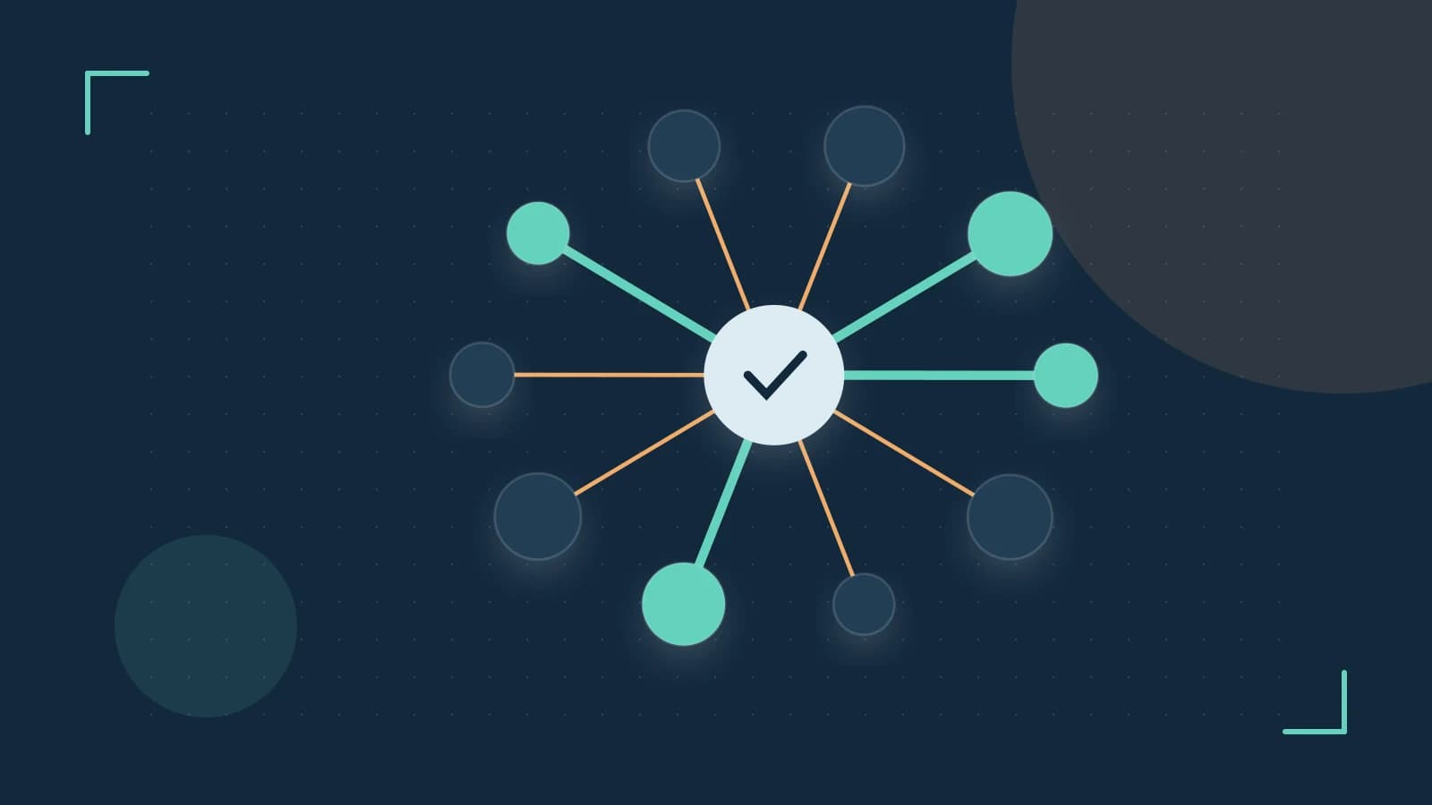 Editorial illustration of an algorithmic node graph with branching paths and a highlighted result