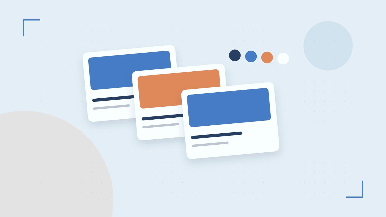 Editorial illustration of responsive browser layouts, overlapping design components and a color system