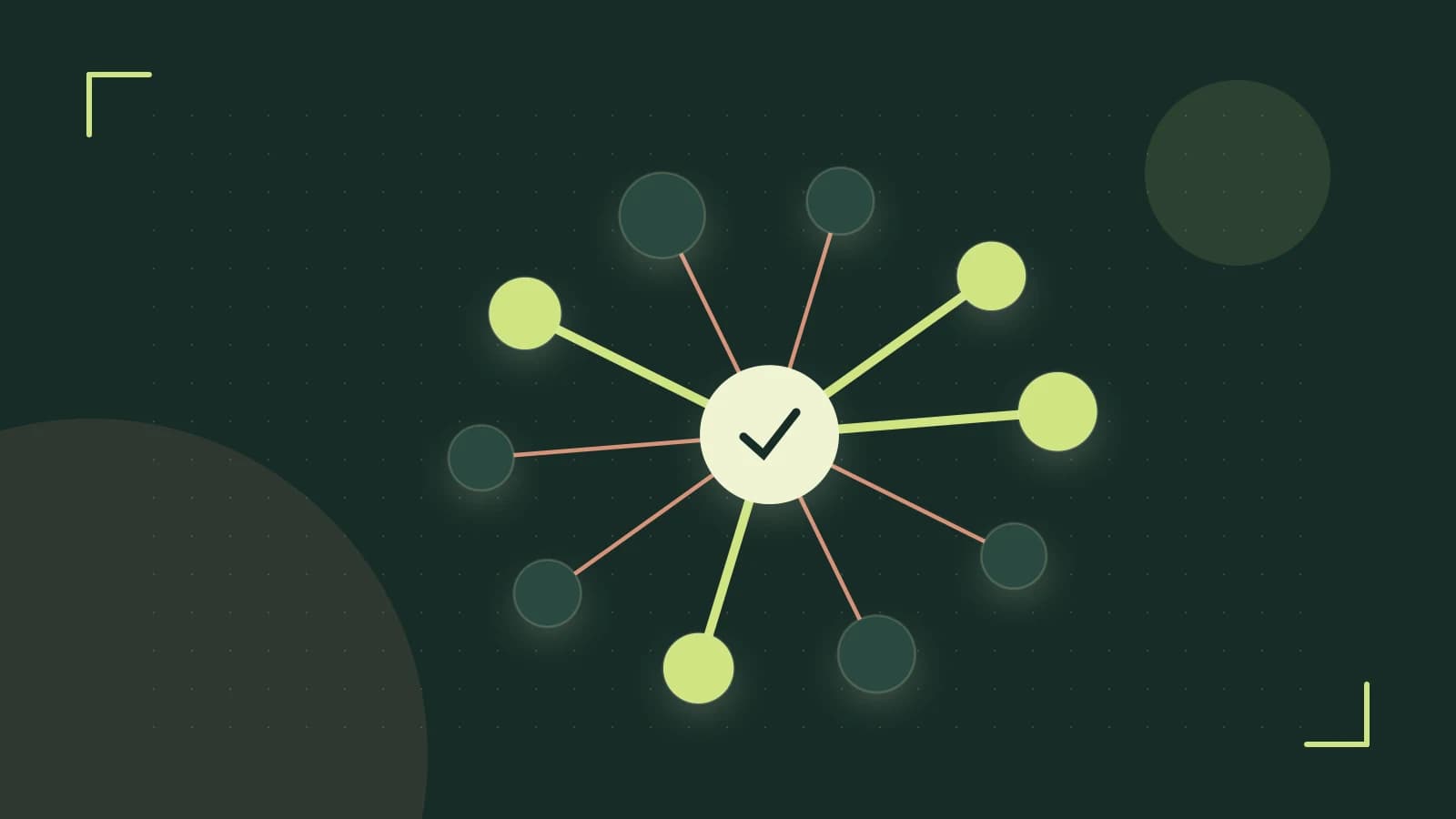 Editorial illustration of an algorithmic node graph with branching paths and a highlighted result