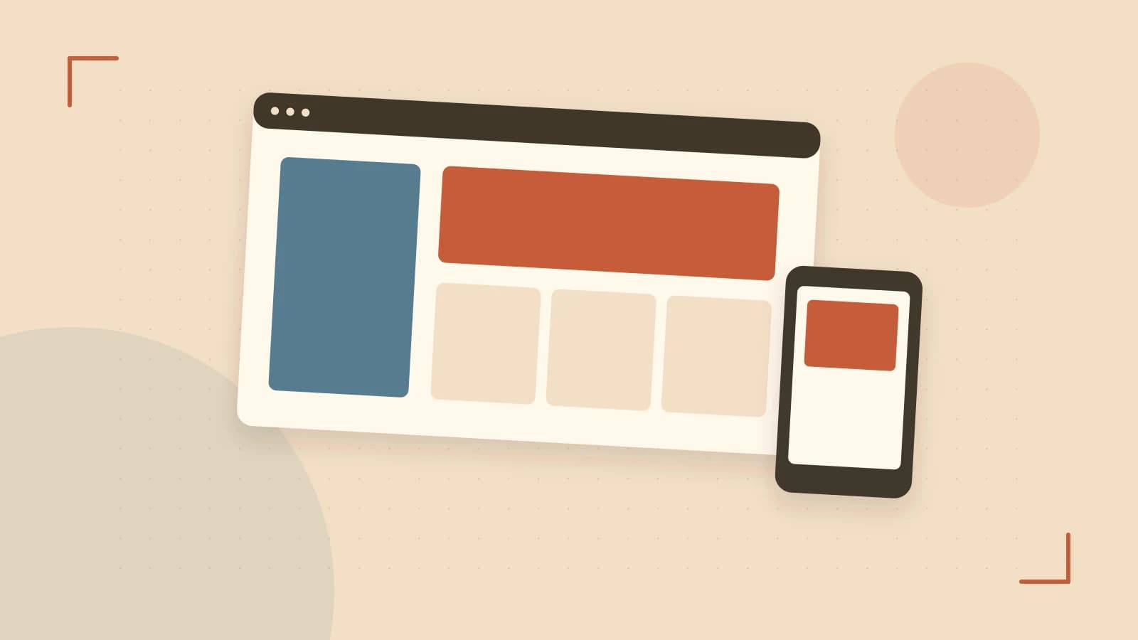 Editorial illustration of responsive browser layouts, overlapping design components and a color system