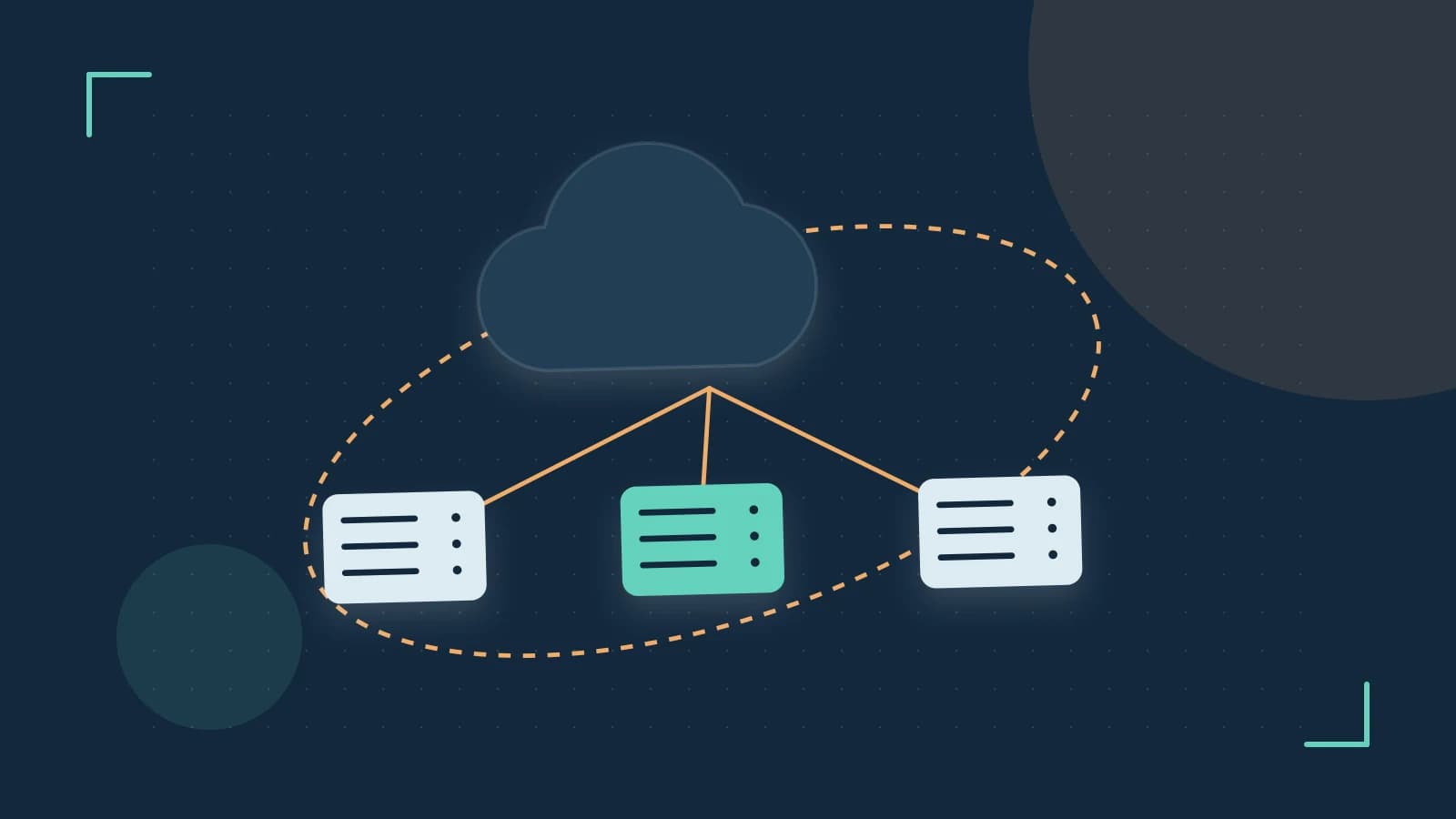 Editorial illustration of cloud infrastructure, connected server racks and an orbital service map