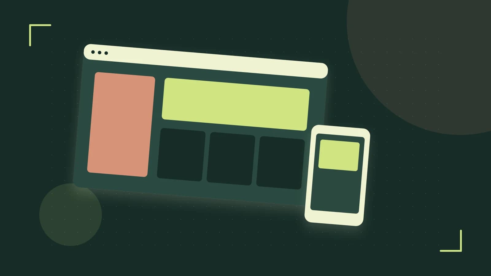 Editorial illustration of responsive browser layouts, overlapping design components and a color system
