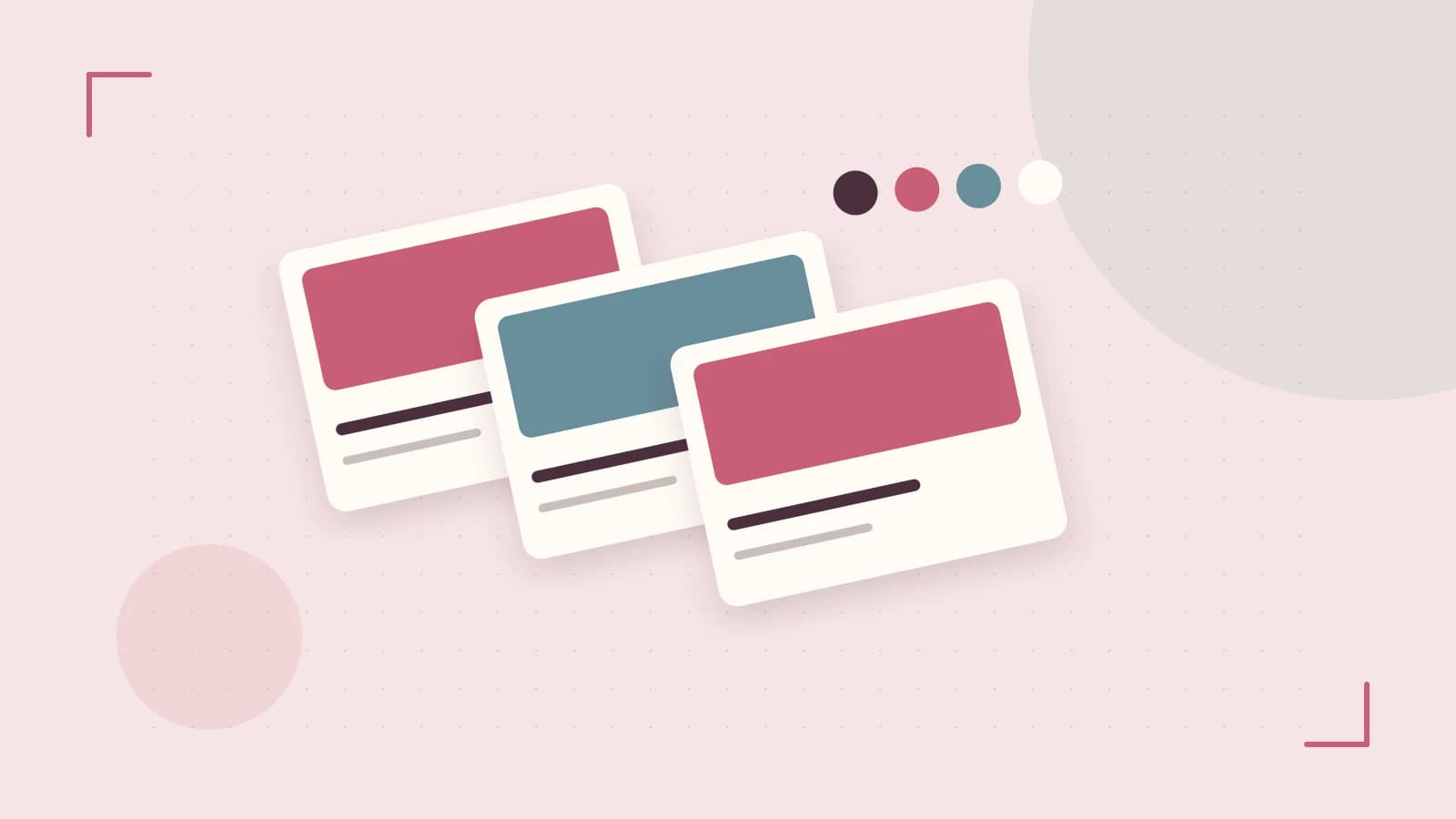 Editorial illustration of responsive browser layouts, overlapping design components and a color system